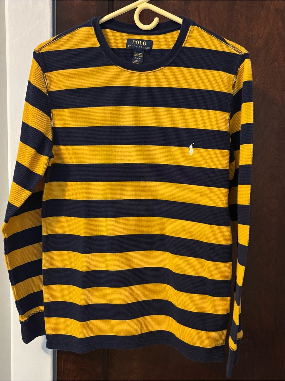 Polo Ralph Lauren Thermal Shirt Medium Yellow Navy Stripe Waffle Sleepwear?